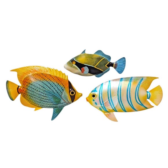 Vtg Charlotte Int’l Trade 3D Tropical Fish Plagues Wall Hangings Beach Bath Set - Picture 1 of 5